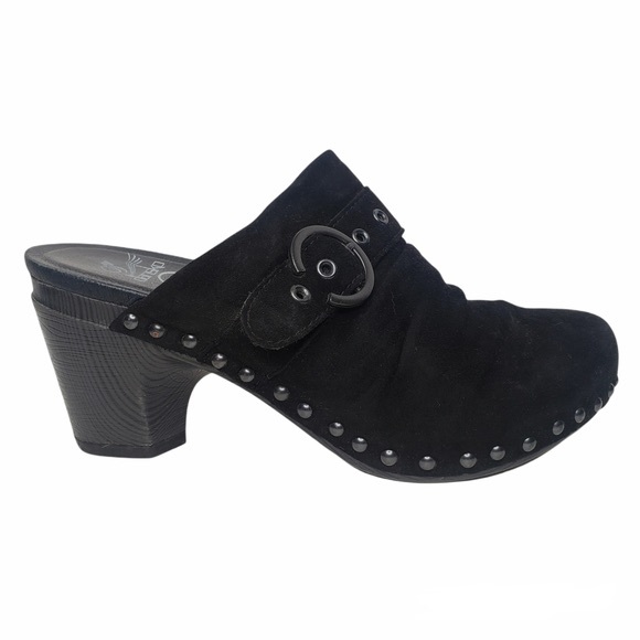 Dansko Nadine Heeled Mule Clogs Black Leather Suede Studded Buckle Slip-on 40 - Picture 11 of 11